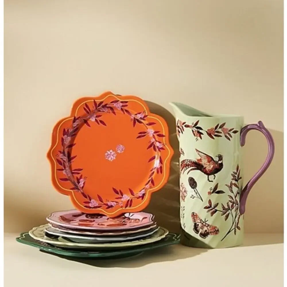 Anthropologie Elin Pitcher Handpainted Stoneware Pheasant Floral 18.5